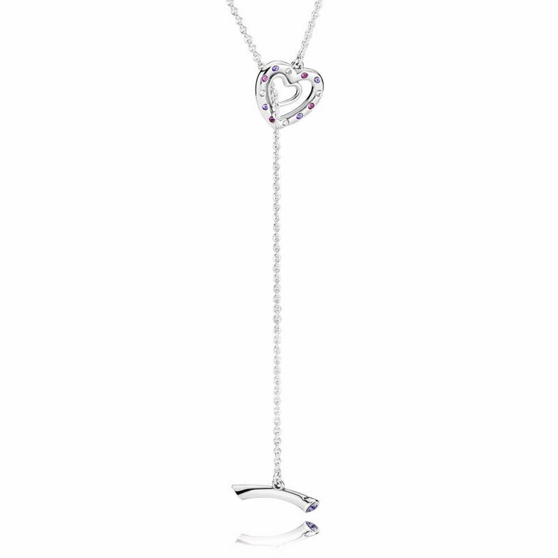 Pandora Bright Hearts Necklace - Sterling Silver/Purple/Mixed Stones/Cubic Zirconia - Canada | EL961